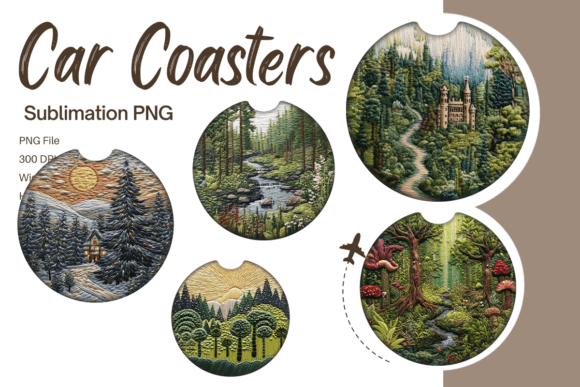 3D Forest Embroidery Car Coaster PNG: Graphics & Print Templates