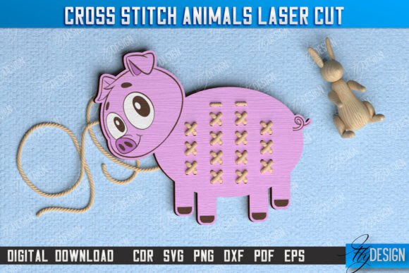 Cross Stitch Pig Montessori Lacing CNC for Laser Cutting and Other Toys Games